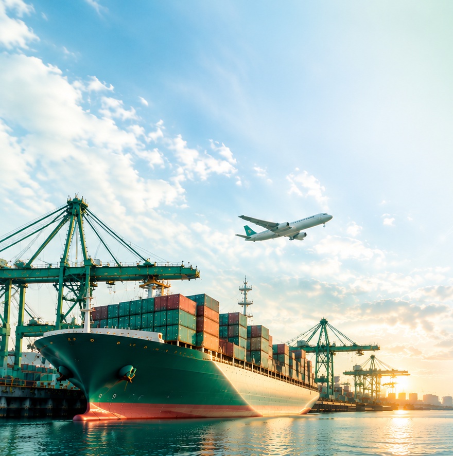 Commercial container cargo ship loaded at deepwater port terminal with industrial cranes