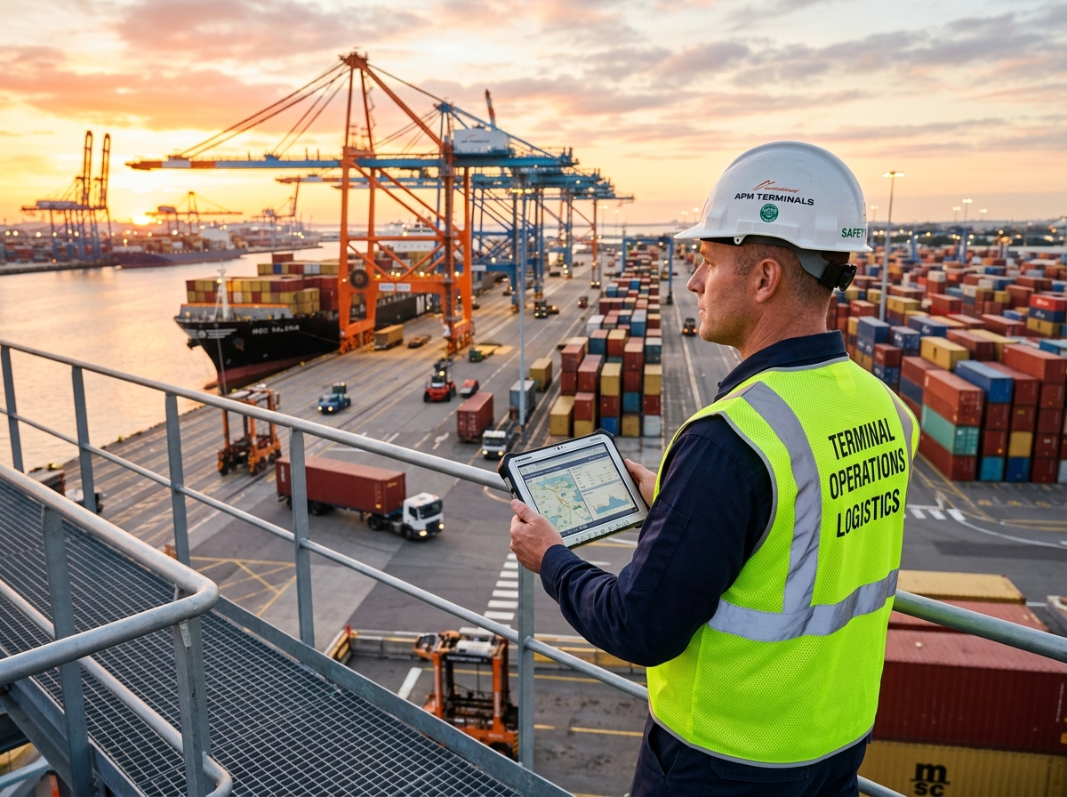IHSAN Logistics operations manager overlooking shipping port container terminal